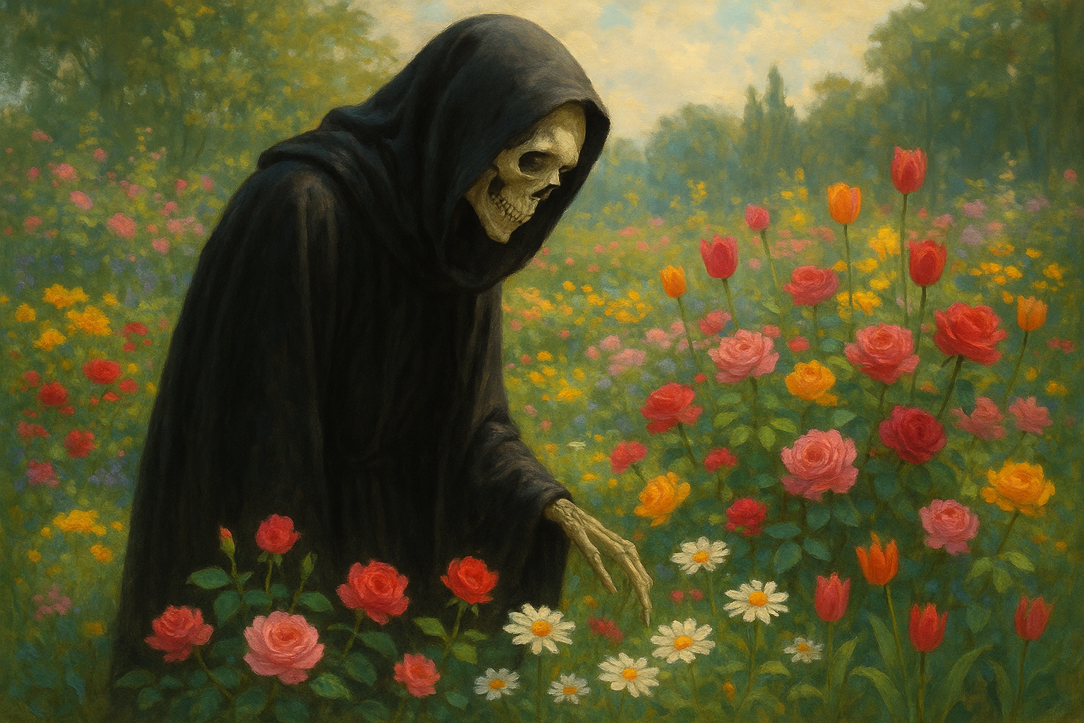 grim reaper looking at flowers